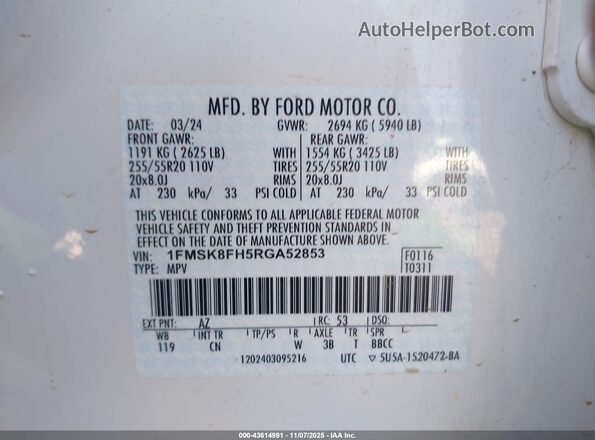 1FMSK8FH5RGA52853 2024 FORD FORD EXPLORER White Շարժիչի բաժամունքի տեսք