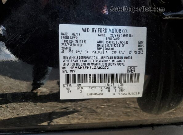 1FMSK8FH8LGA93372 2020 FORD FORD EXPLORER Black Vista de la etiqueta del VIN