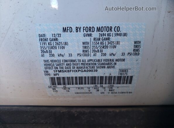 1FMSK8FHXPGA09039 2023 FORD FORD EXPLORER White Widok naklejki z numerem VIN