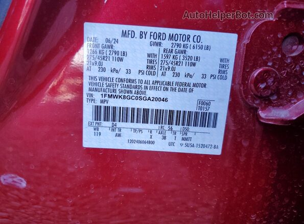 1FMWK8GC0SGA20046 2025 FORD FORD EXPLORER Red Widok wnętrza 360 stopni