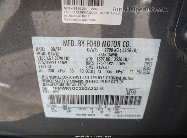 1FMWK8GC2SGA33218 2025 FORD FORD EXPLORER Gray Vista del compartimento del motor
