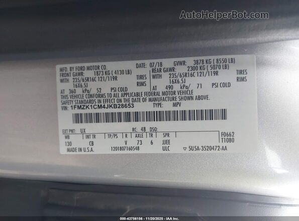 1FMZK1CM4JKB28653 2018 FORD TRANSIT-150 Silver 