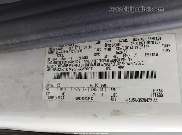 1FMZK1CM9GKA27097 2016 FORD TRANSIT-150 White ძრავის განყოფილების ხედი