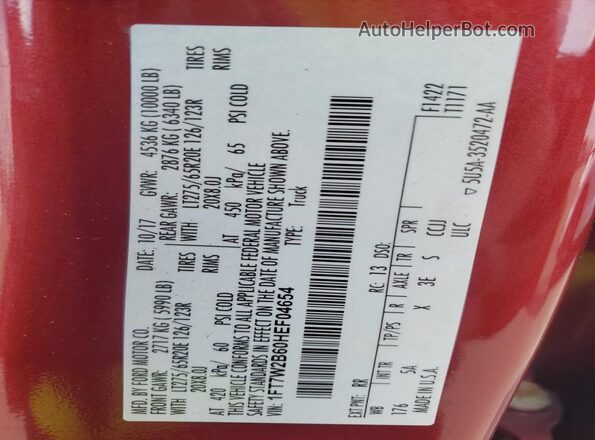 1FT7W2B60HEF04654 2017 FORD F250 Red Widok naklejki z numerem VIN