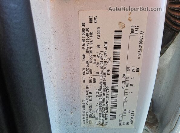1FT7W2B62MED51799 2021 FORD F250 White VIN კოდის სტიკერის ხედი