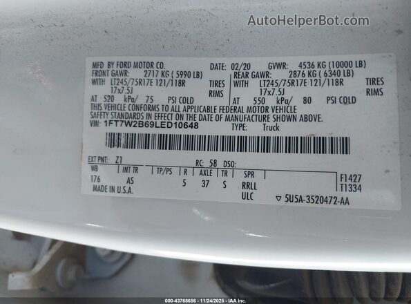 1FT7W2B69LED10648 2020 FORD F-250 White Vista del compartimento del motor