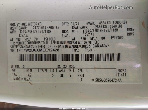 1FT7W2B6XMEE12428 2021 FORD F-250 White Շարժիչի բաժամունքի տեսք