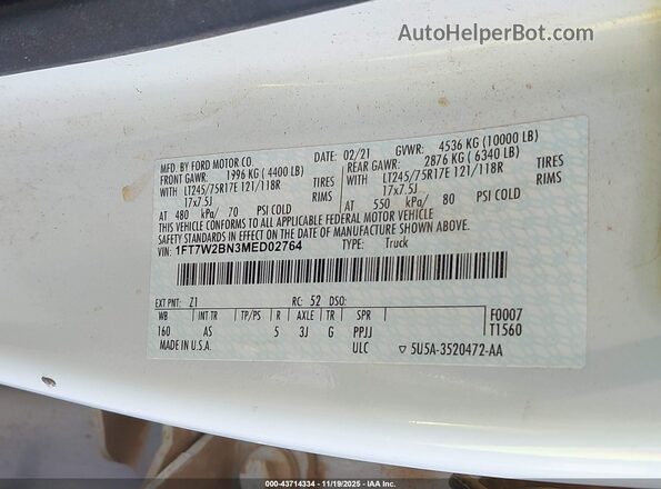 1FT7W2BN3MED02764 2021 FORD F-250 White Вид підкапотного простору
