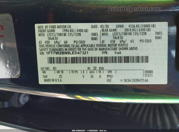 1FT7W2BN9LED47321 2020 FORD F-250 Blue Вид підкапотного простору