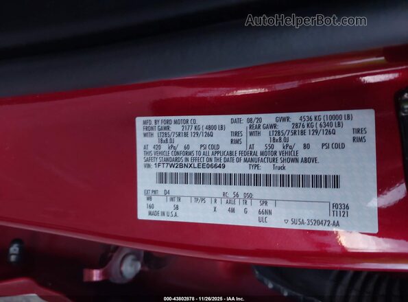 1FT7W2BNXLEE06649 2020 FORD F-250 Red Engine compartment view
