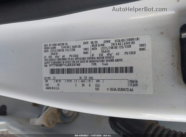 1FT7W2BT1LEE33740 2020 FORD F-250 White ძრავის განყოფილების ხედი