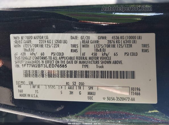 1FT7W2BT3LED76585 2020 FORD F-250 Black Widok komory silnika