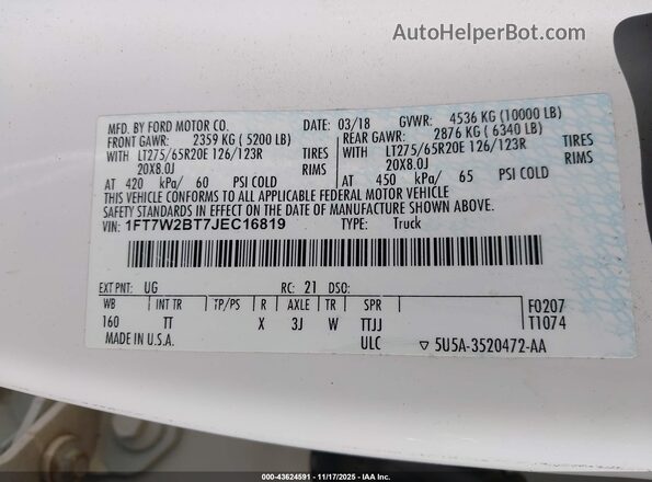 1FT7W2BT7JEC16819 2018 FORD F-250 White Вид підкапотного простору