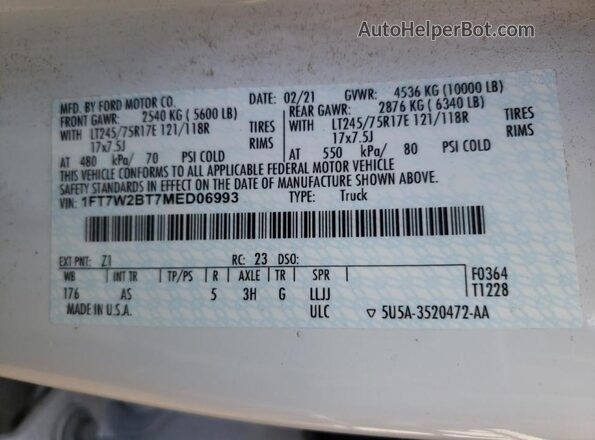 1FT7W2BT7MED06993 2021 FORD F250 White Հետևի նստատեղերի տեսք