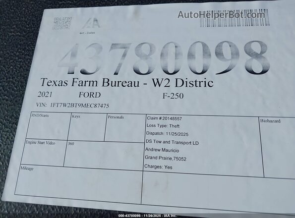 Bill of Sale Item 2021 FORD F-250 Черный Вид подкапотного пространства