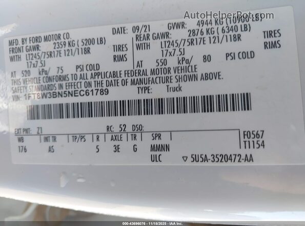 1FT8W3BN5NEC61789 2022 FORD F350 White Widok naklejki z numerem VIN