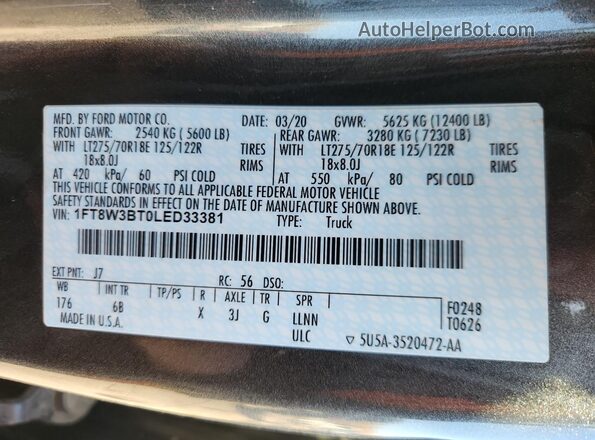 1FT8W3BT0LED33381 2020 FORD F350 Gray Widok naklejki z numerem VIN