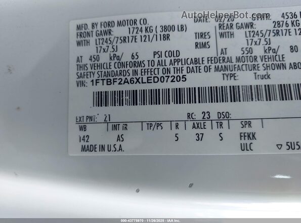 1FTBF2A6XLED07205 2020 FORD F-250 White Widok komory silnika