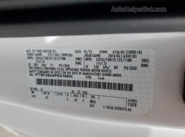 1FTBF2BA9PED18902 2023 FORD F250 White Widok naklejki z numerem VIN