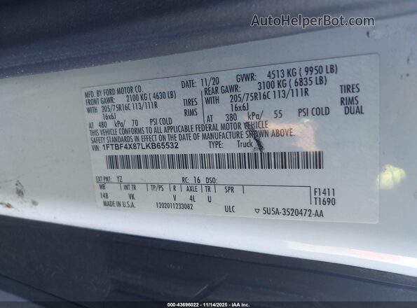 1FTBF4X87LKB65532 2020 FORD TRANSIT-350 White Widok komory silnika