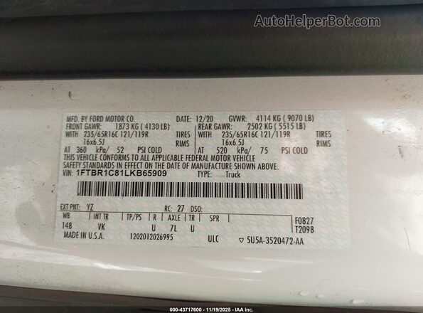 1FTBR1C81LKB65909 2020 FORD TRANSIT-250 White Engine compartment view