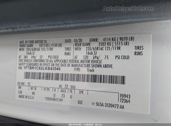 1FTBR1C82LKB43546 2020 FORD TRANSIT-250 White ძრავის განყოფილების ხედი