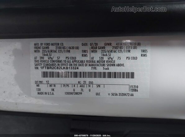 1FTBR2C82LKB13324 2020 FORD TRANSIT-250 White Vista del compartimento del motor