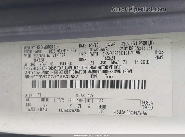 1FTBW2CG1GKB32582 2016 FORD TRANSIT-350 White Вид підкапотного простору