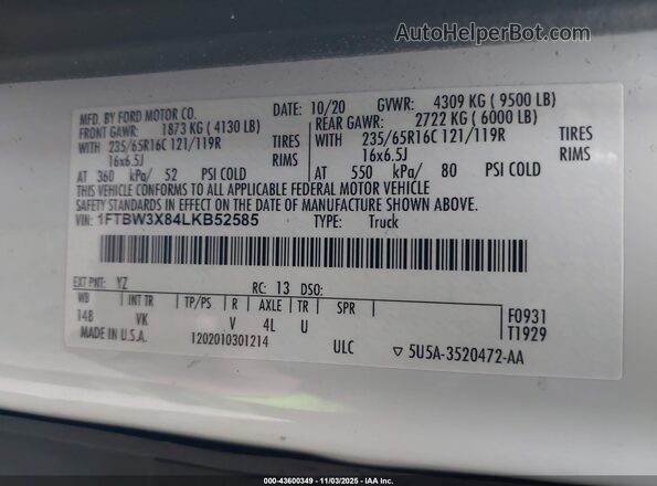 1FTBW3X84LKB52585 2020 FORD TRANSIT-350 White Շարժիչի բաժամունքի տեսք
