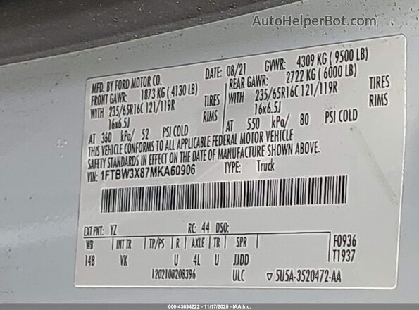 1FTBW3X87MKA60906 2021 FORD TRANSIT-350 White Vista del compartimento del motor