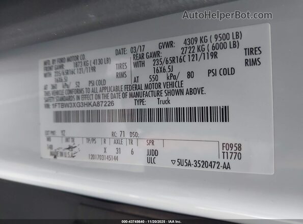 1FTBW3XG3HKA87226 2017 FORD TRANSIT-350 White Вид підкапотного простору