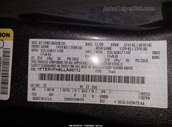 1FTER1FH8LLA90712 2020 FORD RANG Gray Engine compartment view