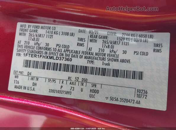 1FTER1FHXMLD37360 2021 FORD RANG Red 