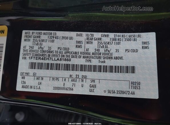 1FTER4EH7LLA81860 2020 FORD RANG Черный 