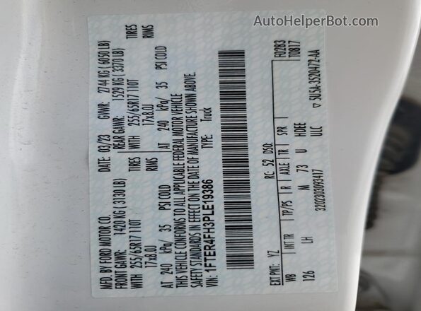 1FTER4FH3PLE19386 2023 FORD RANG White VIN კოდის სტიკერის ხედი