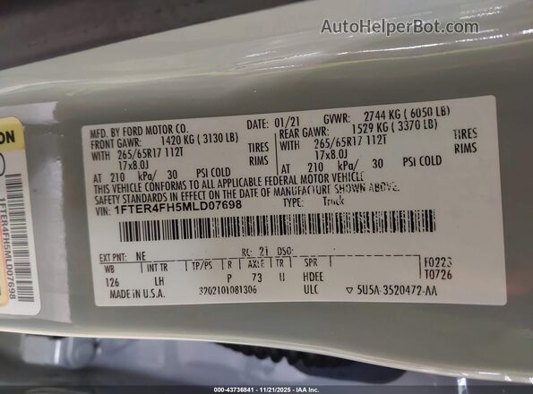 1FTER4FH5MLD07698 2021 FORD RANG Зеленый 