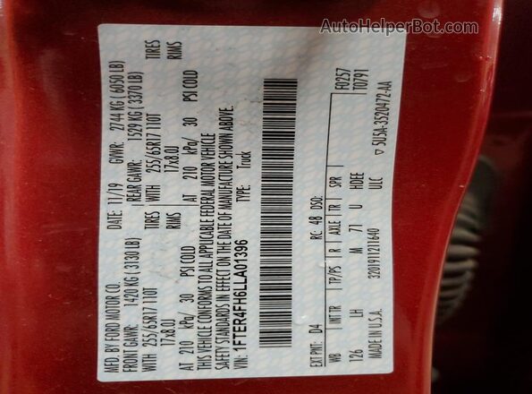 1FTER4FH6LLA01396 2020 FORD RANG Красный Вид наклейки с VIN-кодом
