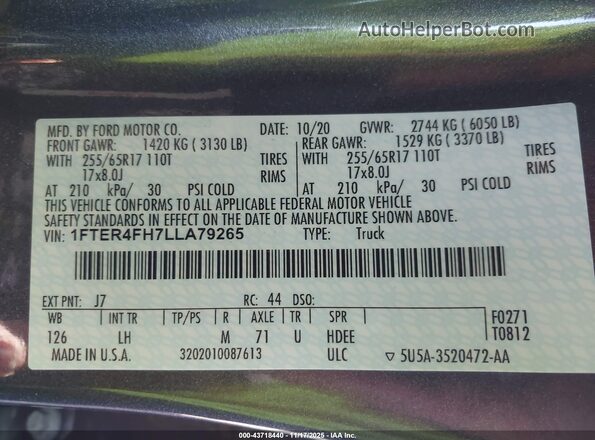 1FTER4FH7LLA79265 2020 FORD RANG Черный Вид подкапотного пространства