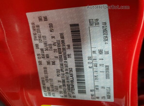 1FTER4FH9LLA97363 2020 FORD RANG Red Vista del compartimento del motor