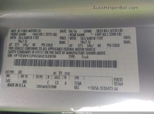 1FTEW1CP0GKE52936 2016 FORD F150 Silver 