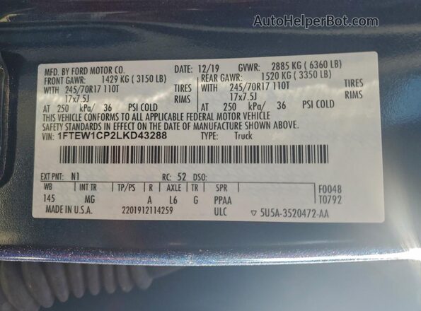 1FTEW1CP2LKD43288 2020 FORD F150 Blue Widok komory silnika