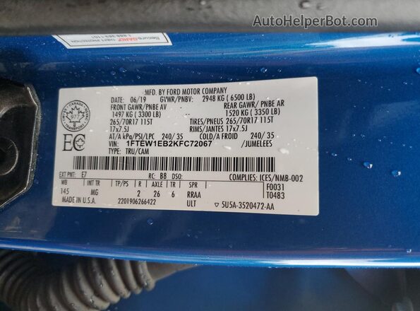 1FTEW1EB2KFC72067 2019 FORD F150 Синий Вид подкапотного пространства