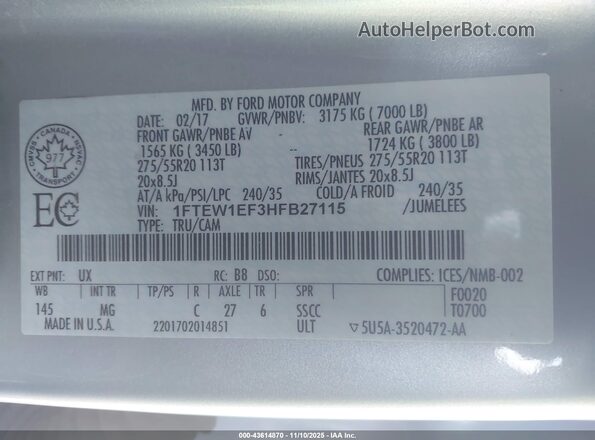 1FTEW1EF3HFB27115 2017 FORD F150 Серебряный Вид подкапотного пространства