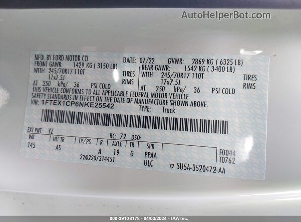 1FTEX1CP6NKE25542 2022 FORD F150 Белый Задняя правая четверть