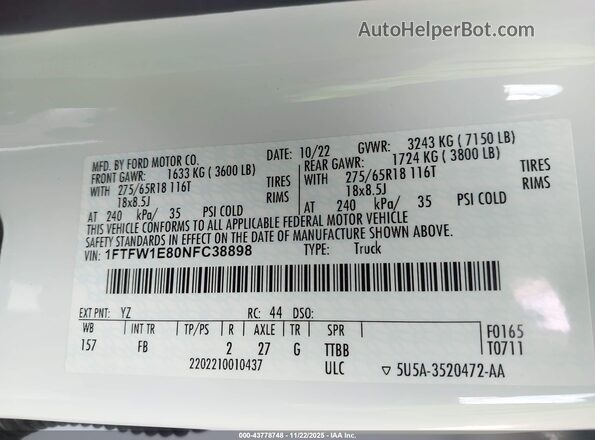 1FTFW1E80NFC38898 2022 FORD F150 Белый Вид подкапотного пространства