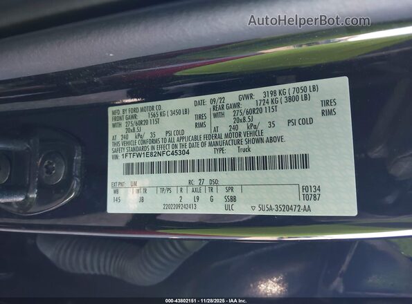 1FTFW1E82NFC45304 2022 FORD F150 Black 