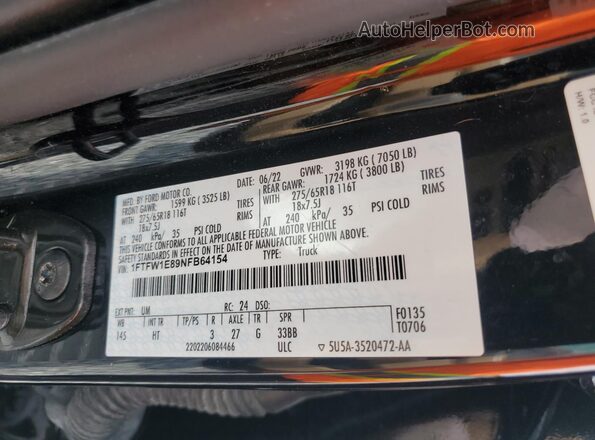 1FTFW1E89NFB64154 2022 FORD F150 Black Widok komory silnika