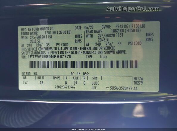 1FTFW1E89NFB67779 2022 FORD F150 Blue 