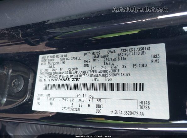 1FTFW1ED6NFB12767 2022 FORD F150 Black Շարժիչի բաժամունքի տեսք