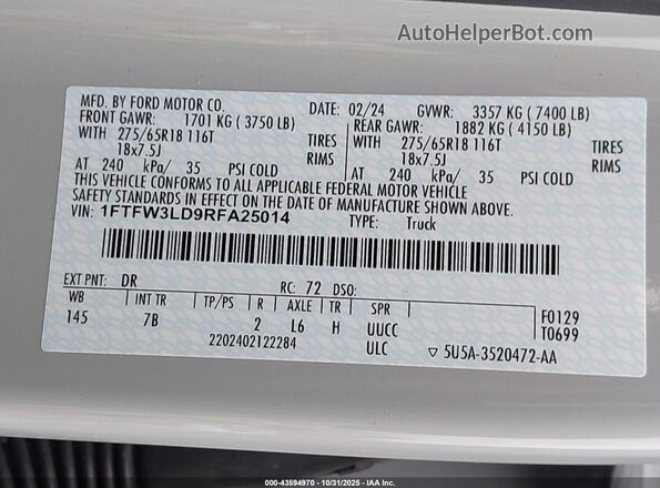 1FTFW3LD9RFA25014 2024 FORD F150 Серый Вид подкапотного пространства
